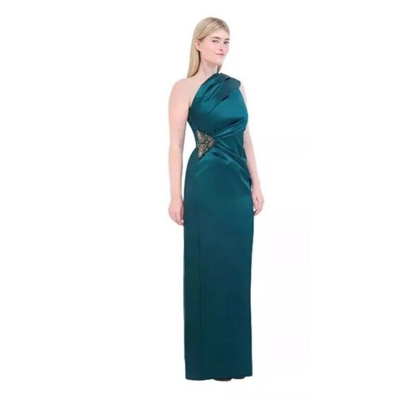 New Eliza J Women' One Shoulder Satin Sleeveless Hunter Green Sheath Gown Size 2 - Picture 3 of 10